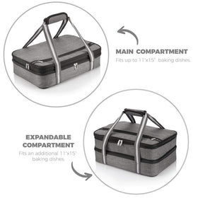 Carrier demonstrates capacity to hold 11x15 baking dishes for gatherings.