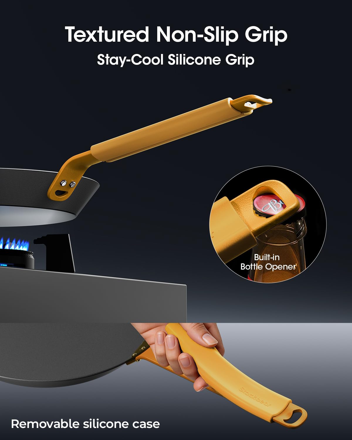 StackBear ergonomic handle with silicone grip for comfortable, safe cooking.