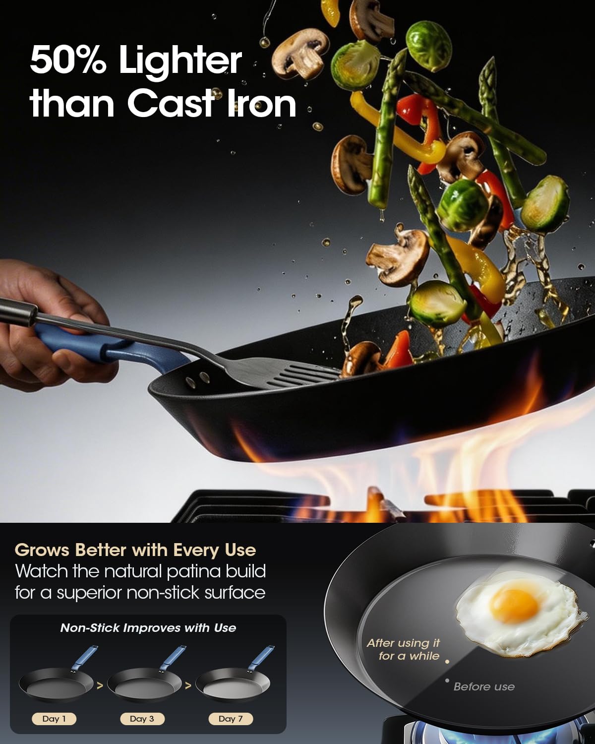 StackBear pan works on stovetops and in ovens for high-heat finishing.