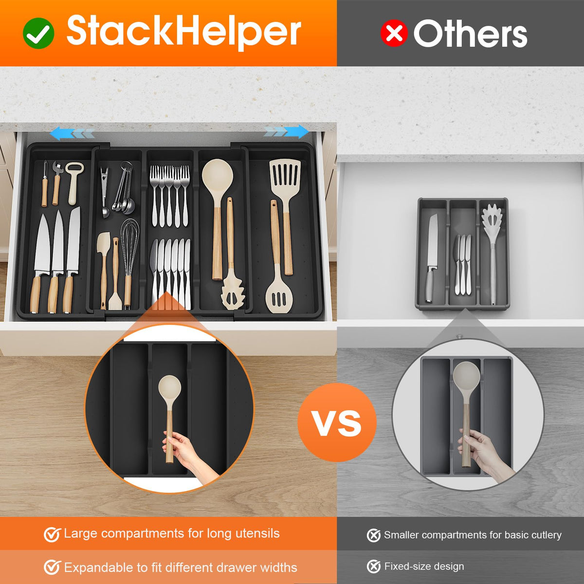 StackHelper large compartments keep forks, knives, and spoons organized.