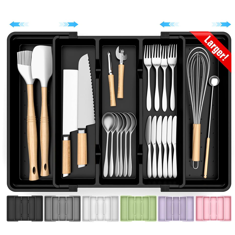StackHelper large silverware organizer in closed mode saves space in small drawers.