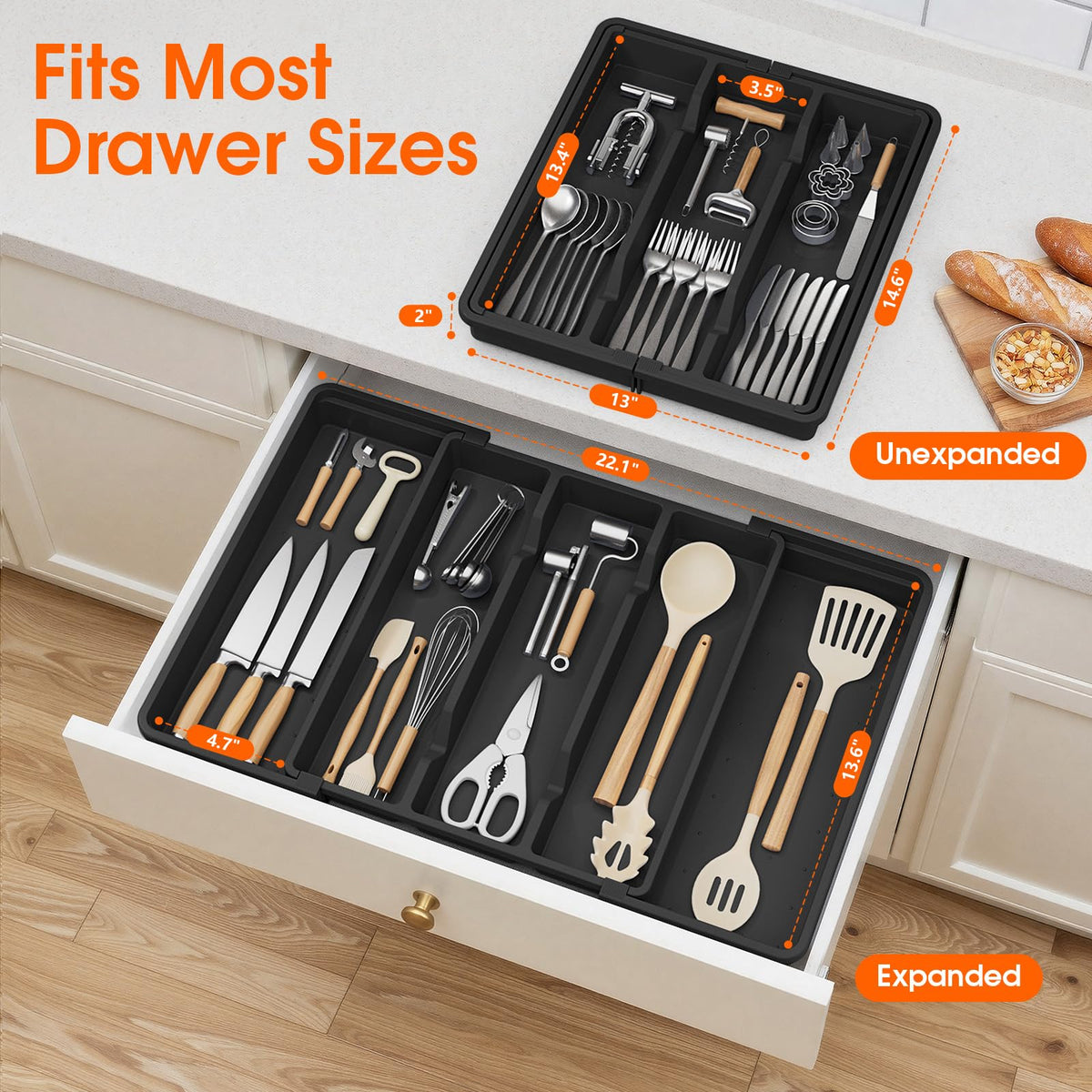 StackHelper expanded silverware organizer reaches 22.1 inches for bigger drawers.