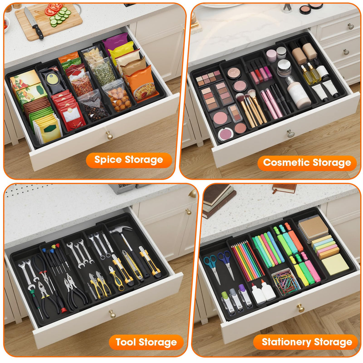 StackHelper versatile design fits kitchen, bedroom, or office storage.