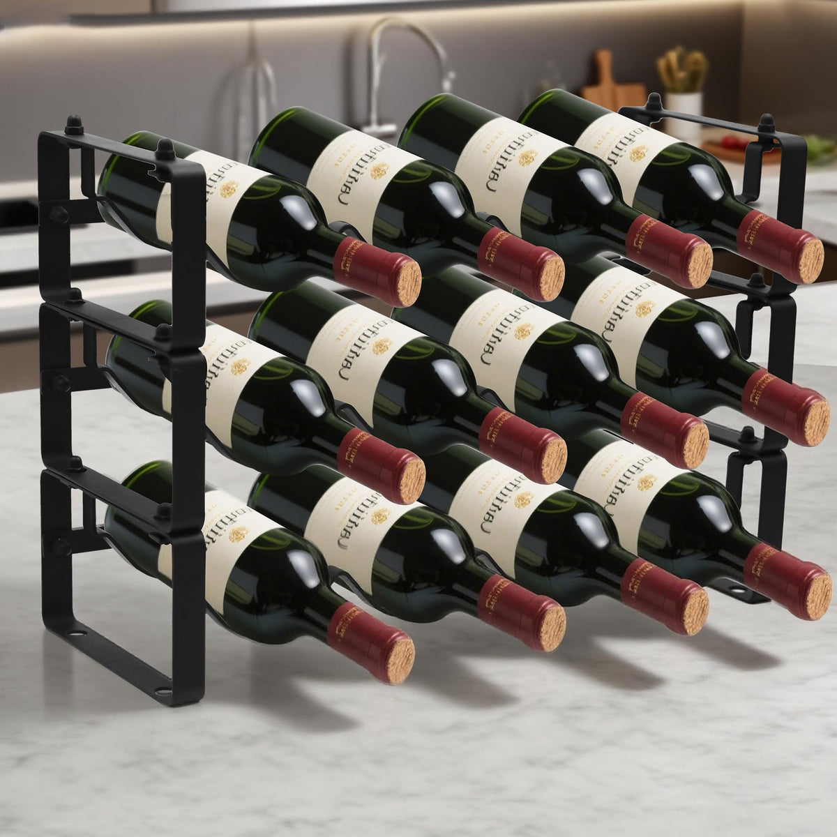 STAEVER black metal wine rack highlights durable, rust-resistant construction.