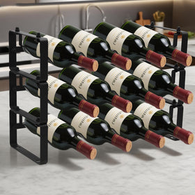 STAEVER black metal wine rack highlights durable, rust-resistant construction.