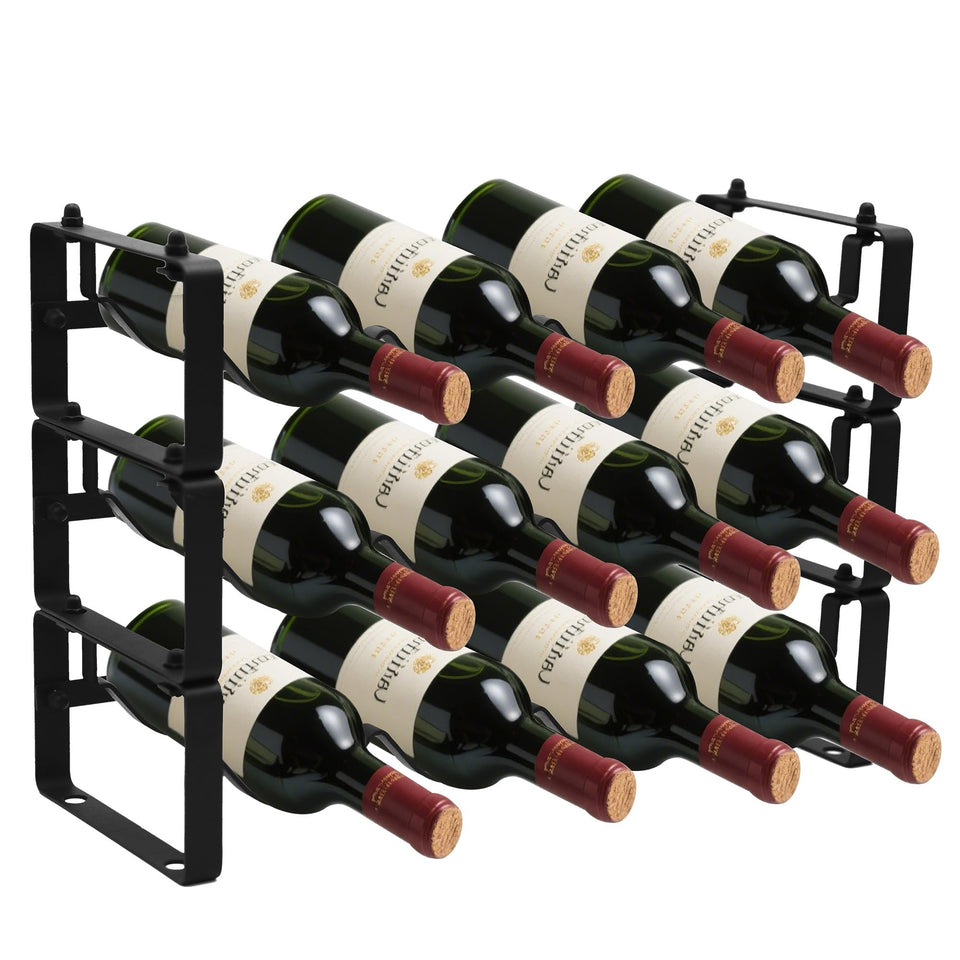 STAEVER black wine rack 12-bottle top view shows organized storage for entertaining.