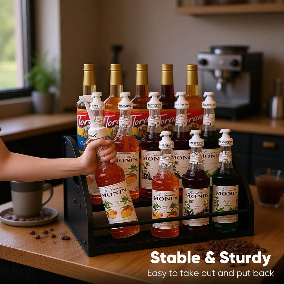STAEVER syrup rack holding 15 bottles demonstrates large capacity