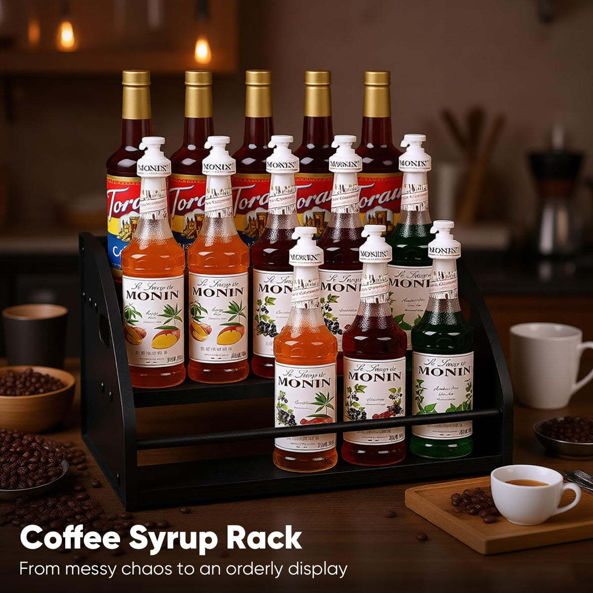 STAEVER syrup rack side profile highlights rustic finish and durability