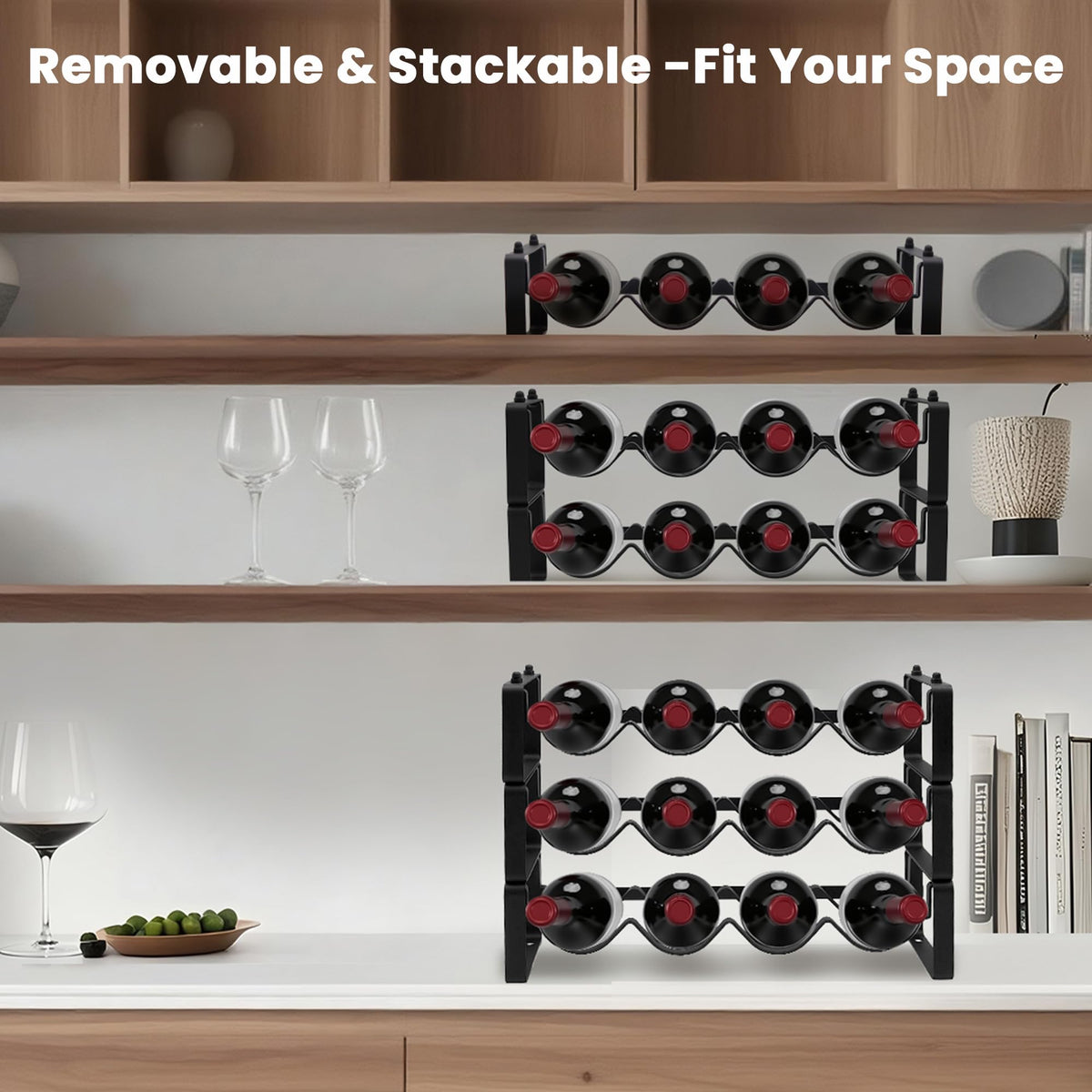 STAEVER countertop display wine rack keeps bottles accessible during gatherings.