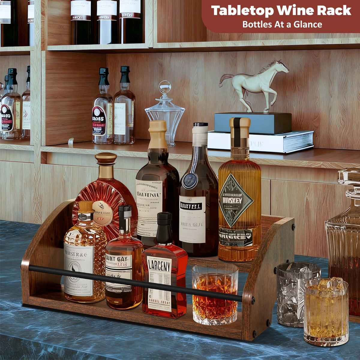 STAEVER liquor bottle display shelf showcasing spirits with vintage farmhouse charm.