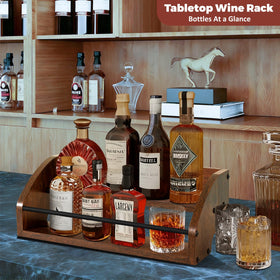 STAEVER liquor bottle display shelf showcasing spirits with vintage farmhouse charm.