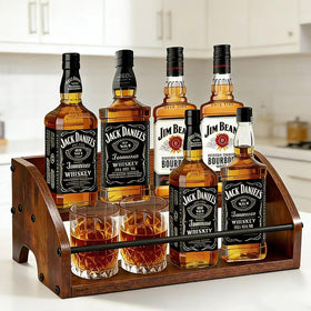 STAEVER rustic wooden countertop organizer with liquor bottle display for home bars.