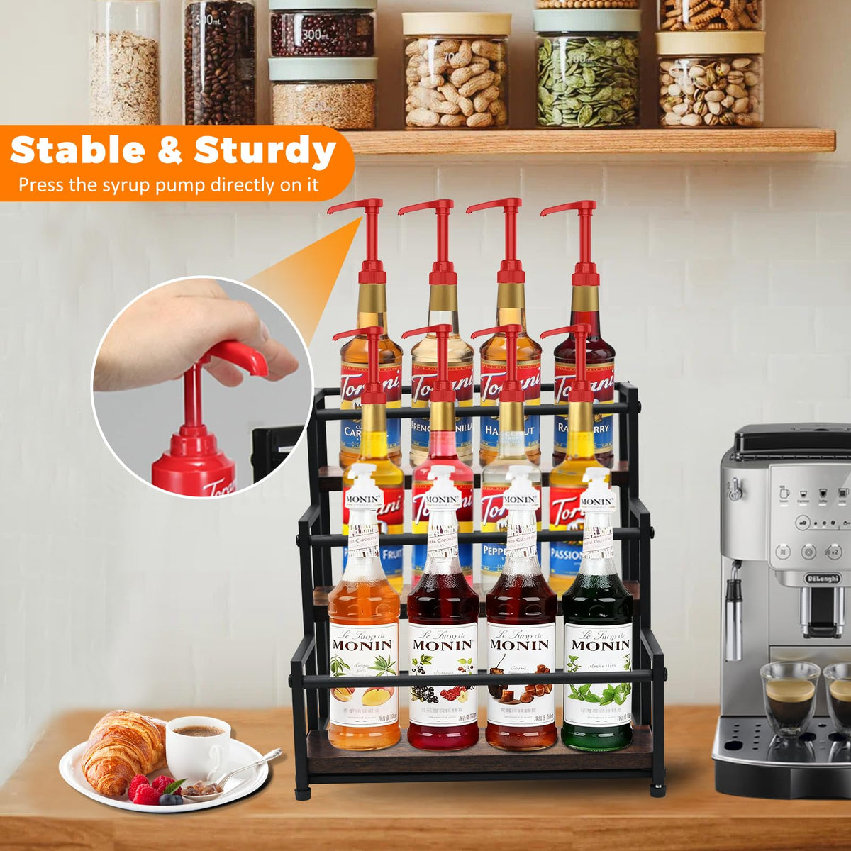 STAEVER syrup bottles on rack keep flavors visible for quick coffee prep.