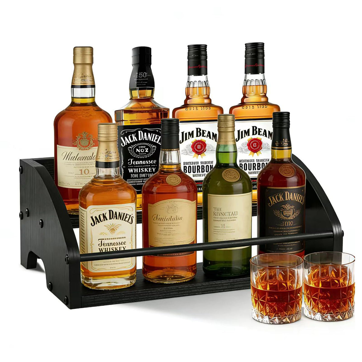 STAeVER wooden liquor display shelf front view for organized bottle storage.