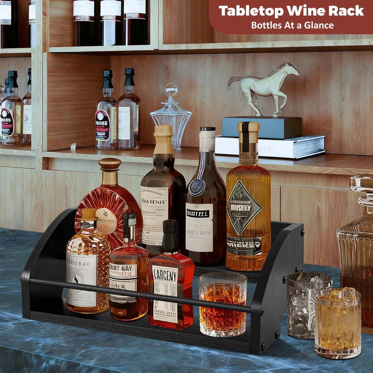 STAeVER wooden syrup rack side-angle showing two-tier countertop organization.