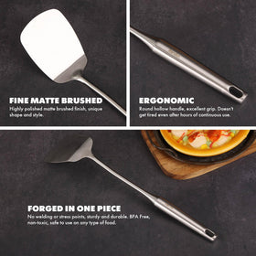 Standcn slotted spoon drains liquids during cooking or serving.
