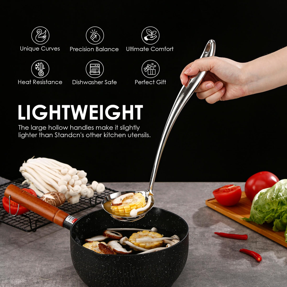 Standcn skimmer spoon for quick skimming and draining liquids.