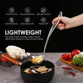 Standcn skimmer spoon for quick skimming and draining liquids.