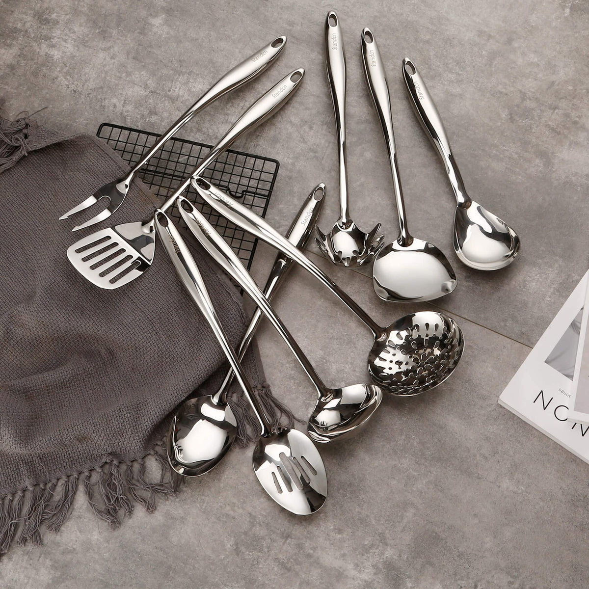 Standcn slotted spatula turner for sturdy turning and draining.