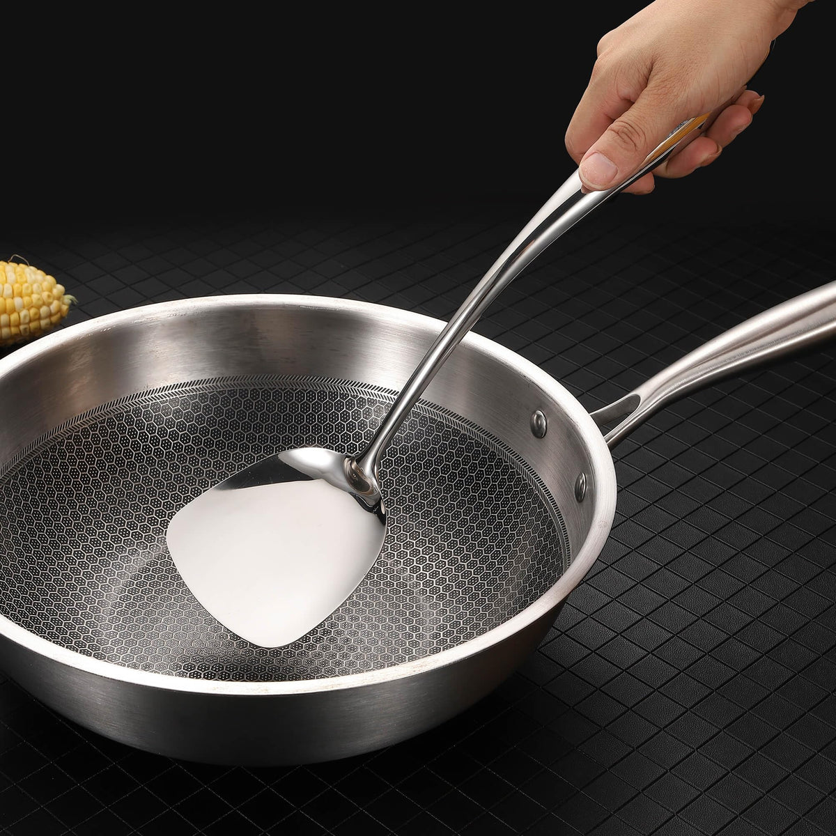 Standcn soup ladle for balanced, even soup servings.