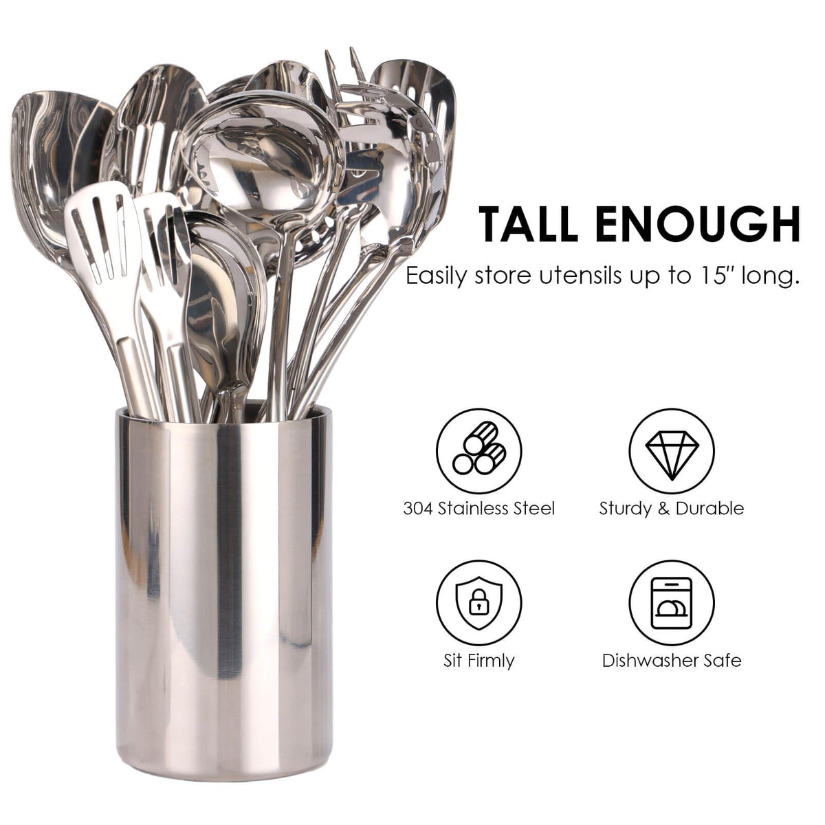 Standcn double wall utensil holder exterior mirror-polished surface adds refined counter appeal