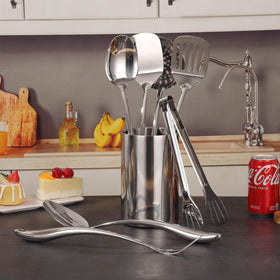 Standcn skimmer-spoon helps lift foods while skimming hot liquids.