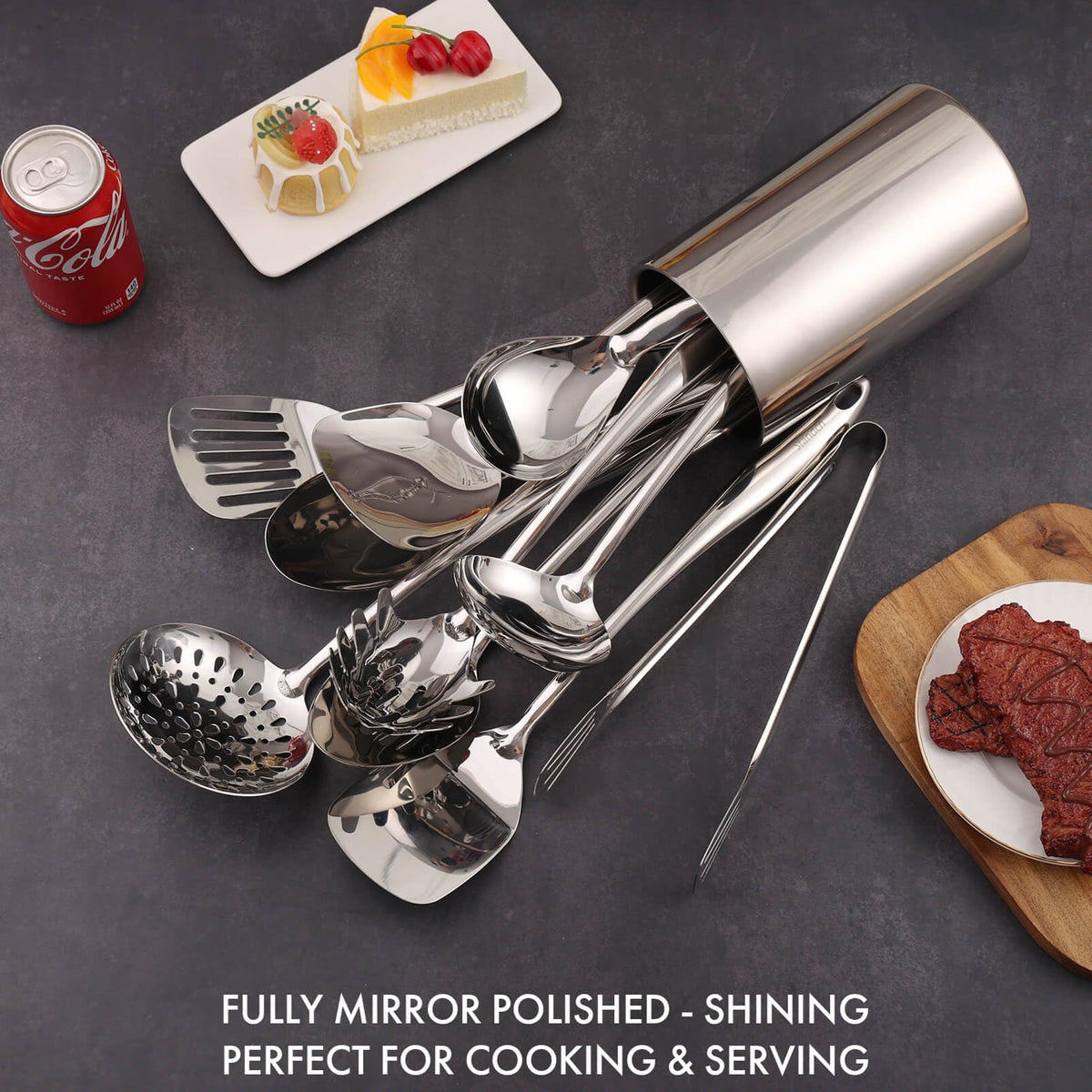 Standcn spatula balanced for flipping and turning during sautés.