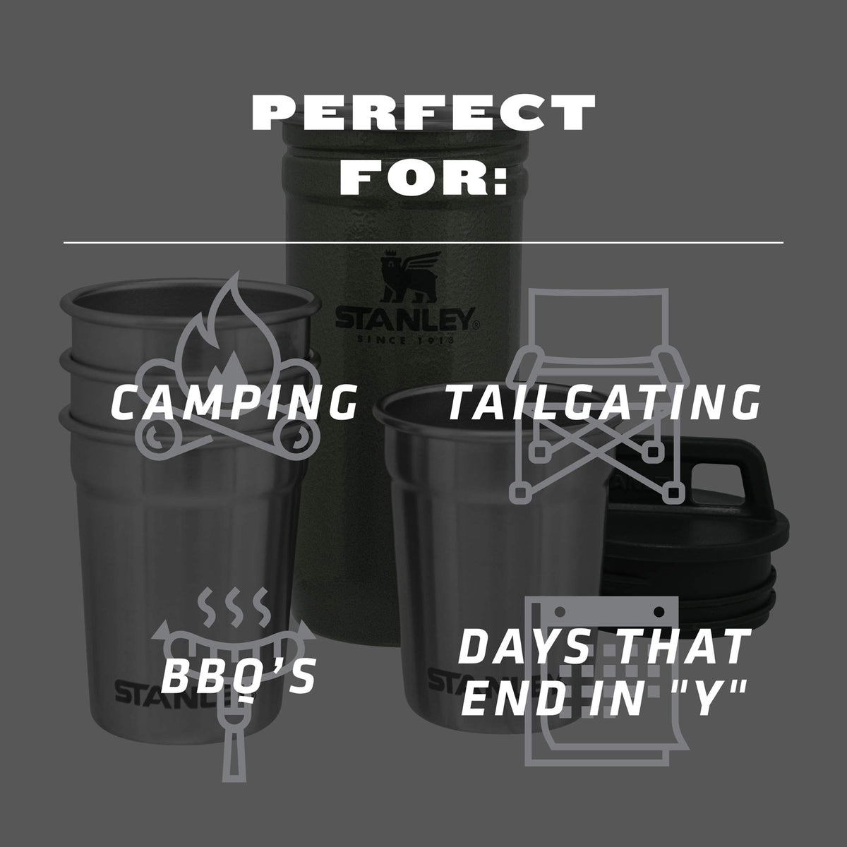 Four STANLEY shot glasses, 2oz each, built for outdoor use.