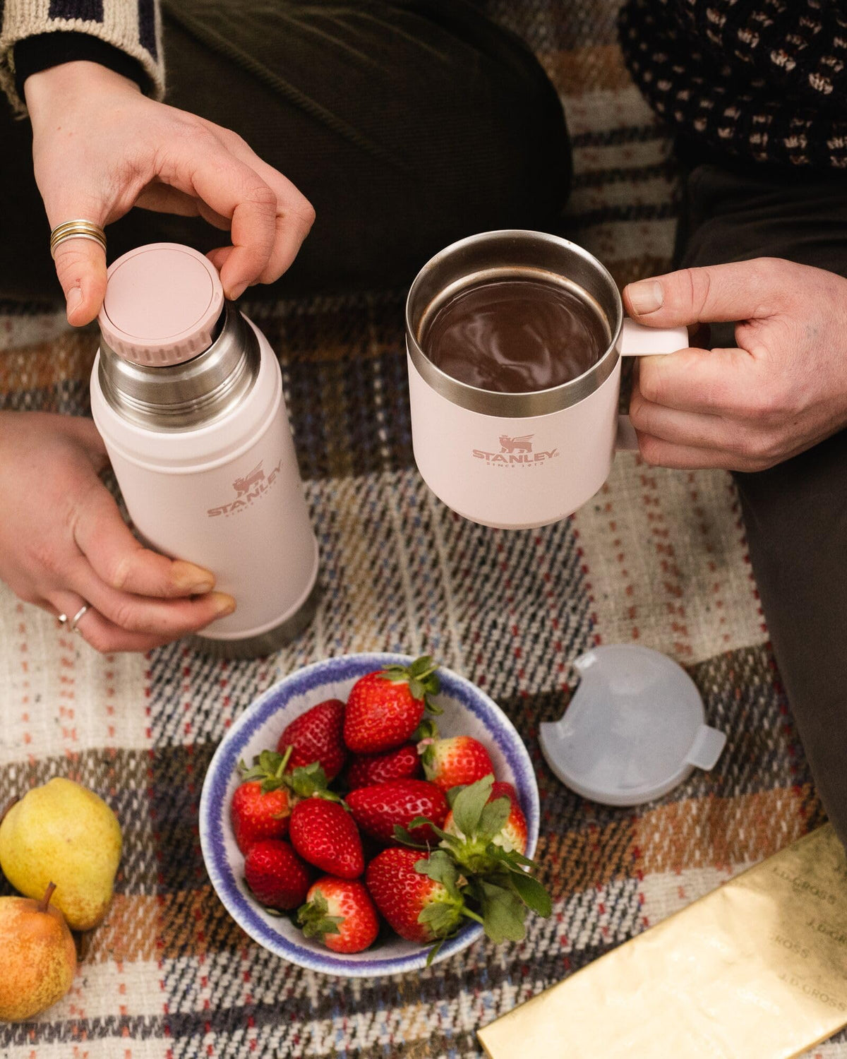 Stanley Classic Rose Quartz bottle shows rugged durability for camp, hike, or daily commute.