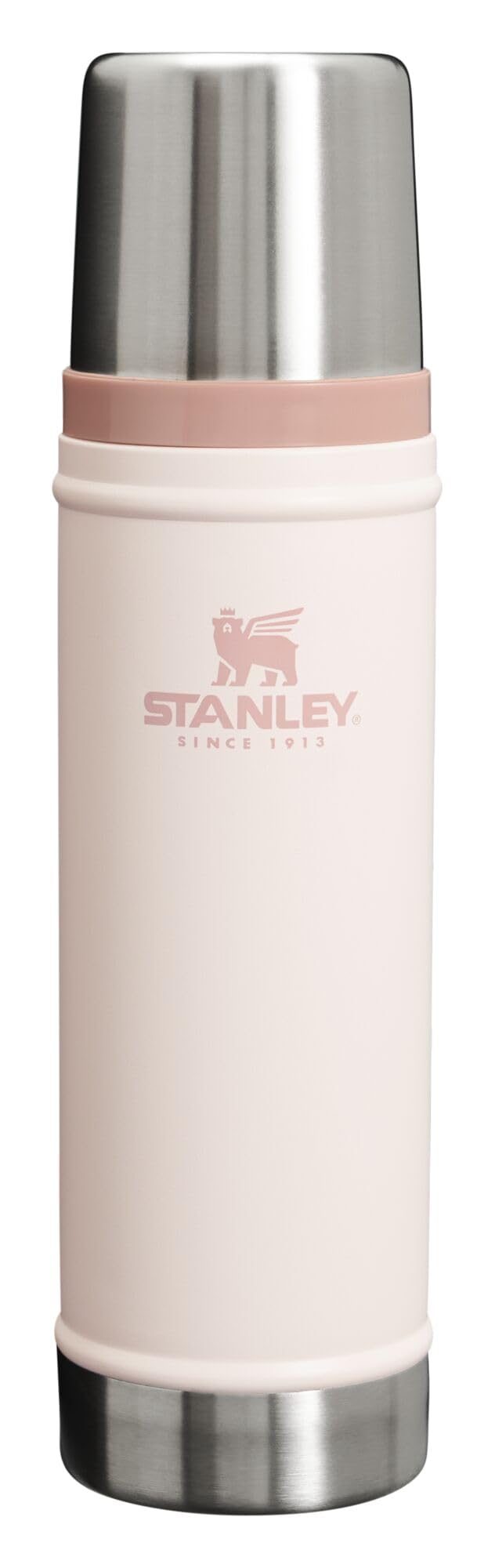 Stanley Classic 20 oz bottle with rose quartz wide mouth, ideal for easy filling and pouring during travel.