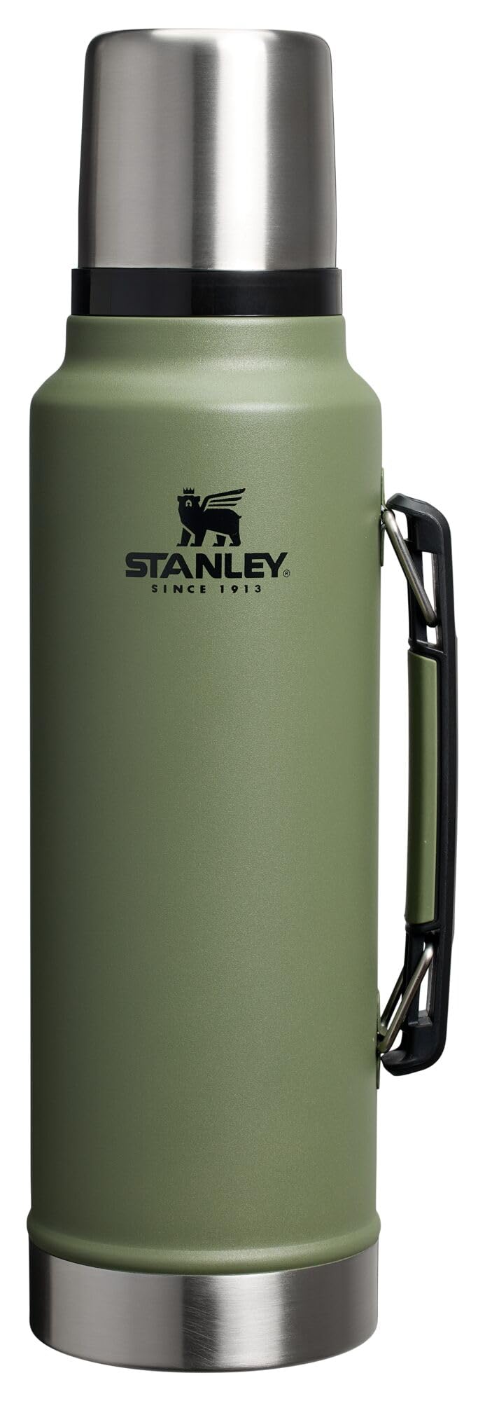 Stanley Classic vacuum bottle with wide mouth keeps drinks hot or cold for hours.