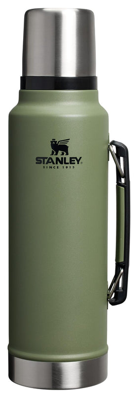 Stanley Classic vacuum bottle with wide mouth keeps drinks hot or cold for hours.