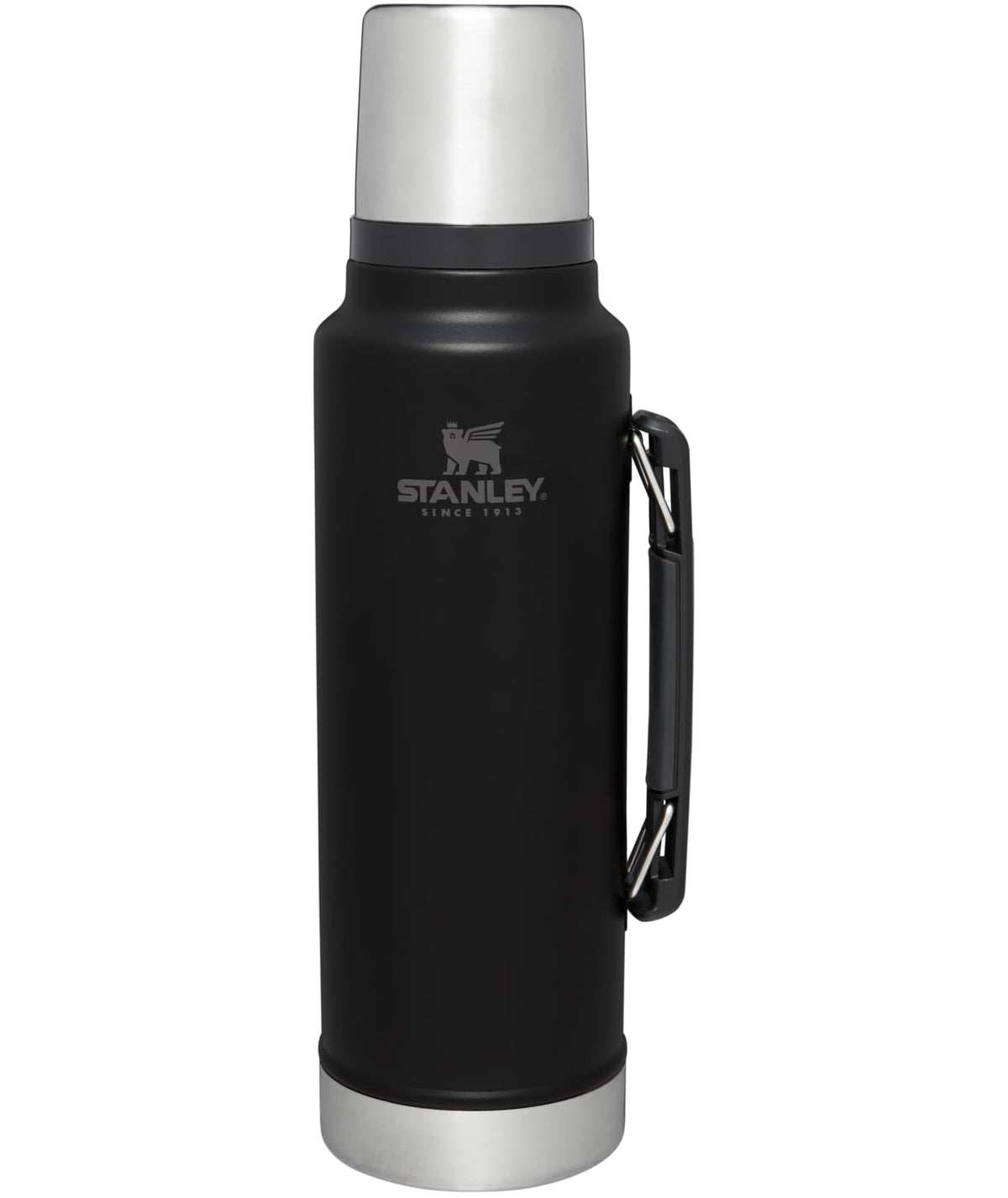 Stanley Classic vacuum bottle with wide mouth keeps coffee hot for hours during camping.