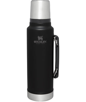 Stanley Classic vacuum bottle with wide mouth keeps coffee hot for hours during camping.