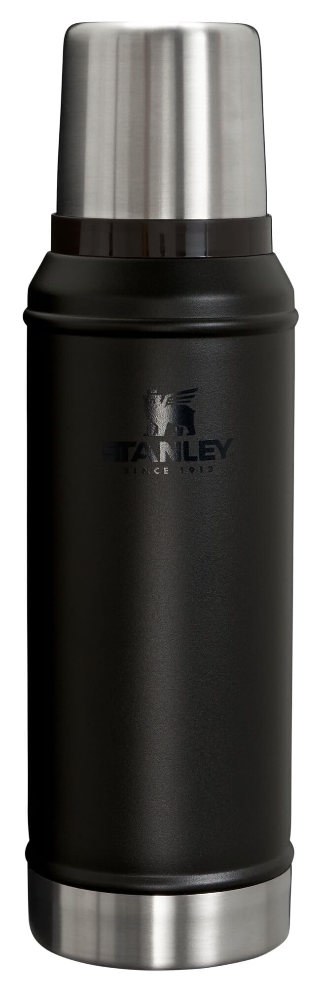 Stanley Classic vacuum bottle with wide mouth and leakproof cup lid for mess-free pouring.