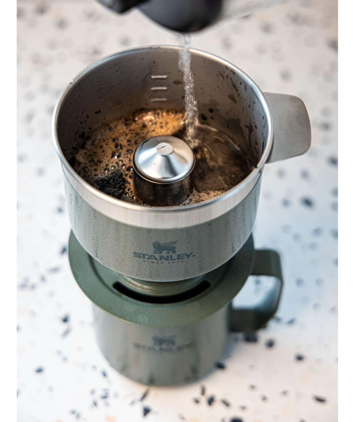 STANLEY coffee dripper on mug demonstrates bloom and even extraction