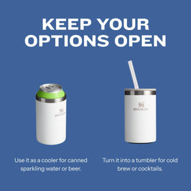 STANLEY Everyday 10 oz can cooler with Hold-Tight tabs securing slim cans.