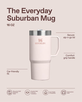 Stanley mug vacuum-insulated to keep beverages hot, cold, or iced.