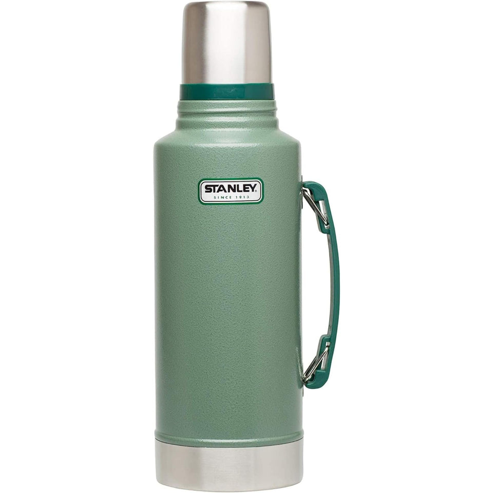 STANLEY Heritage Classic bottle with handle keeps drinks hot or cold on long trips.