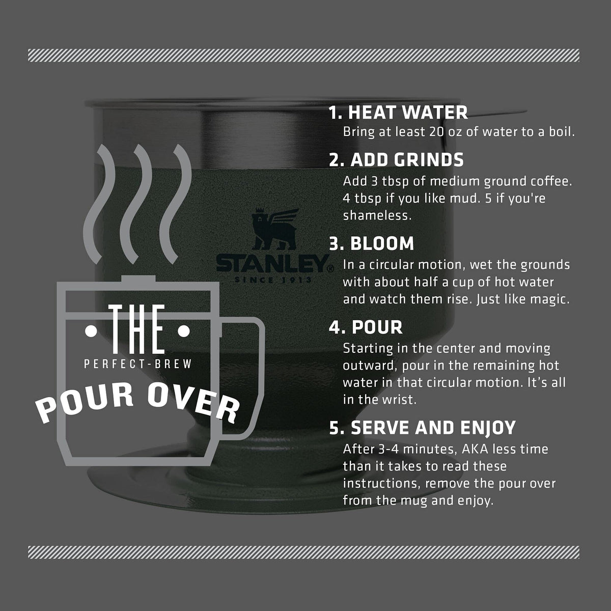 STANLEY Perfect Brew Pour Over bloom moment with grounds swelling and aromas rising.