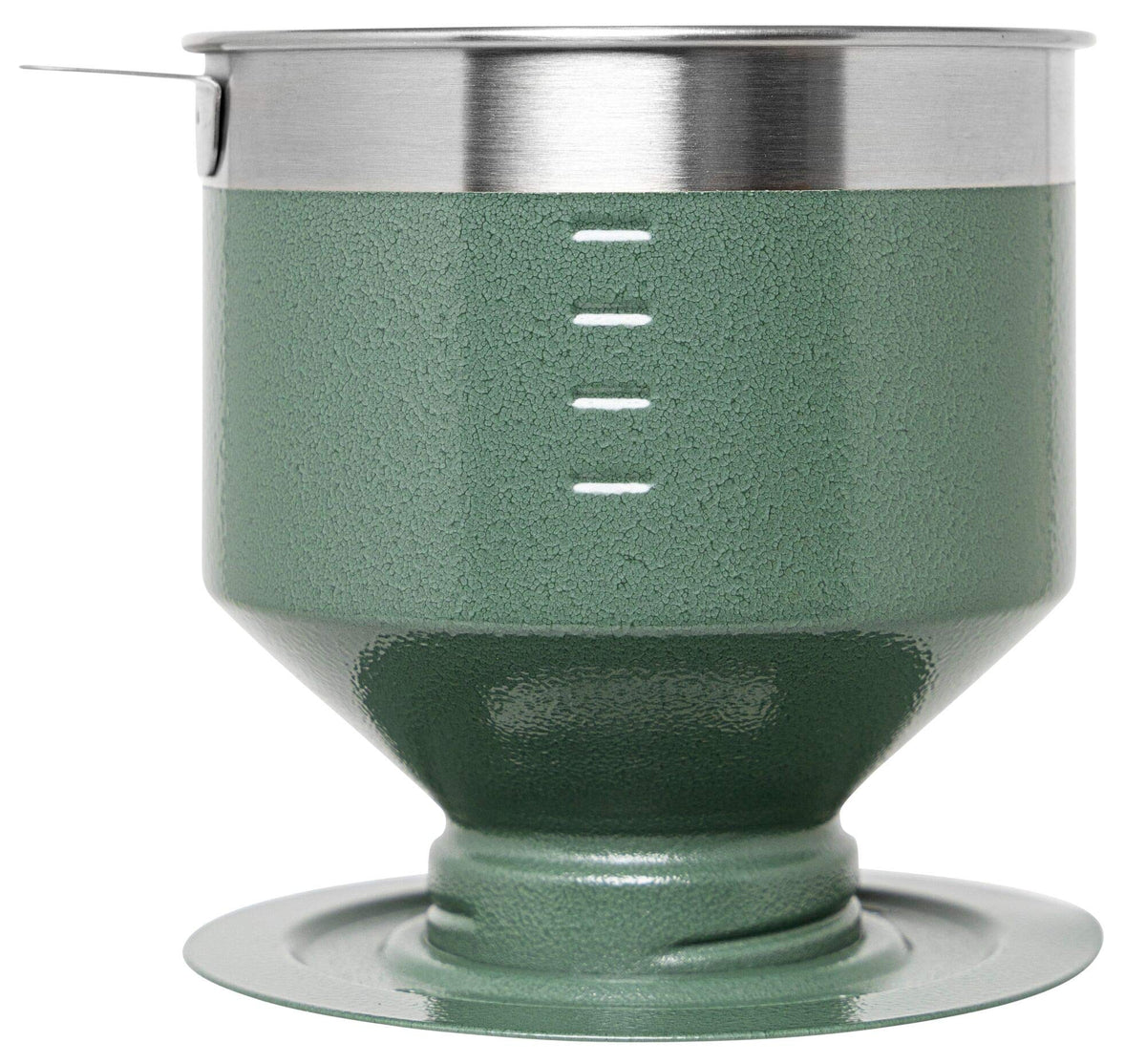 Hammertone Green STANLEY Pour Over beside mug in bright kitchen.