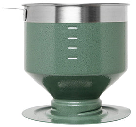 Hammertone Green STANLEY Pour Over beside mug in bright kitchen.