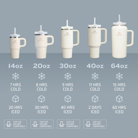 Durable STANLEY Quencher made from recycled stainless steel for sustainability.