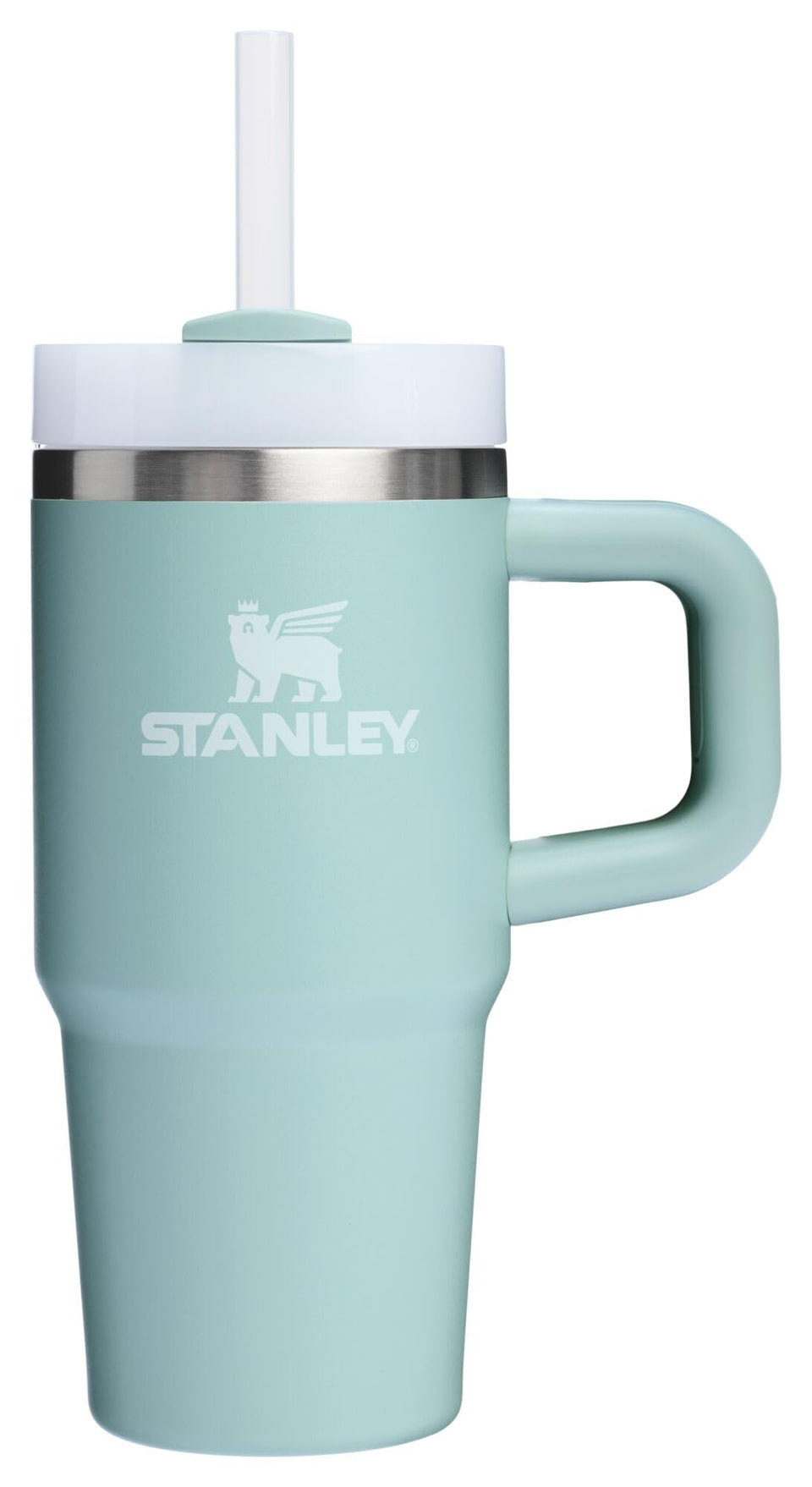 STANLEY Quencher H2.0 seafoam tumbler with handle and straw, ideal for on-the-go hydration.