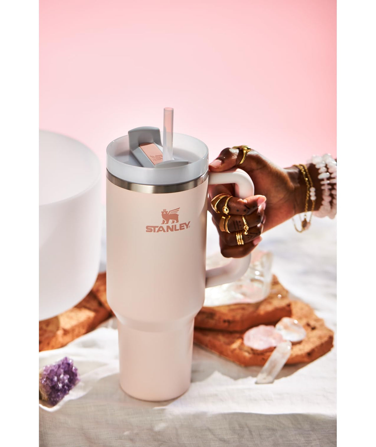 Stanley Quencher H2.0 Rose Quartz with narrow base to fit most cup holders.