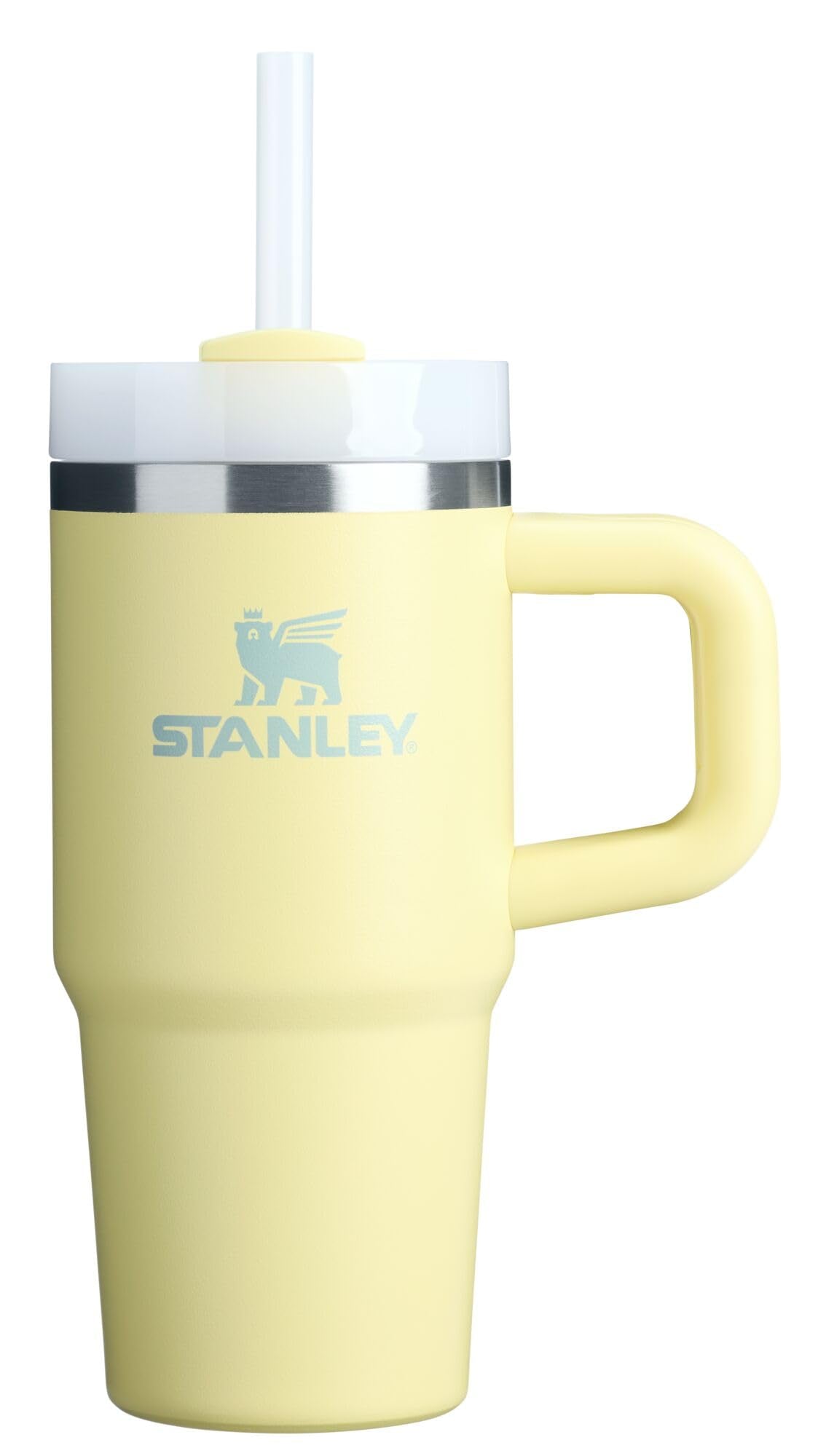 STANLEY Quencher H2.0 14oz Pomelo front view showing a sleek stainless steel tumbler for travel
