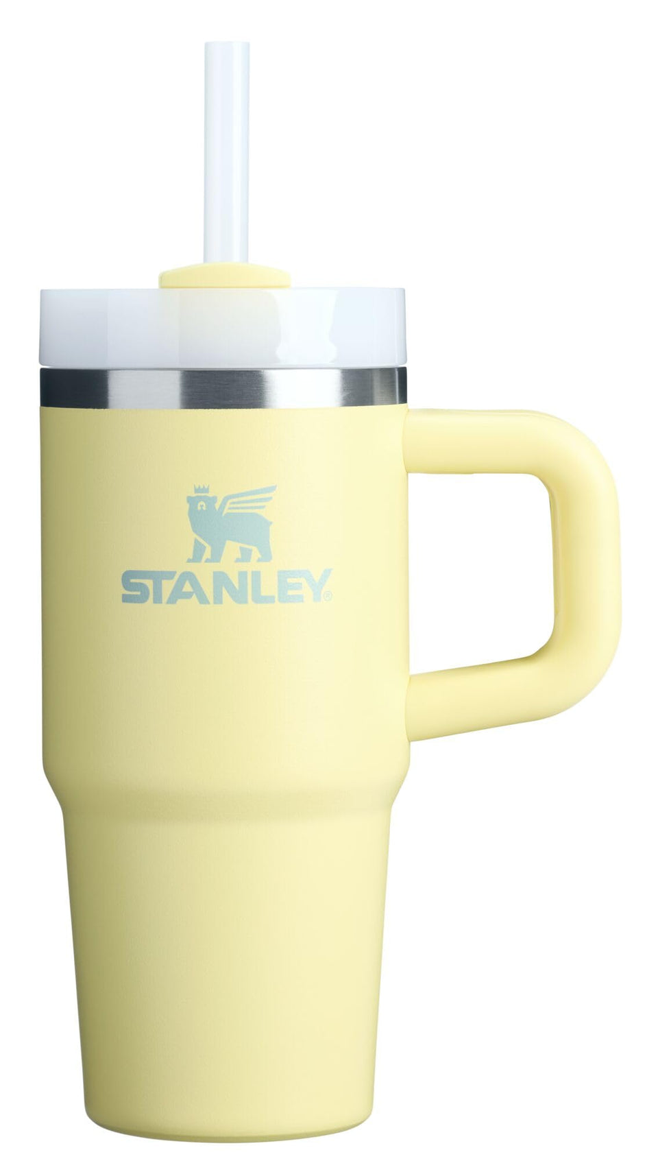 STANLEY Quencher H2.0 14oz Pomelo front view showing a sleek stainless steel tumbler for travel