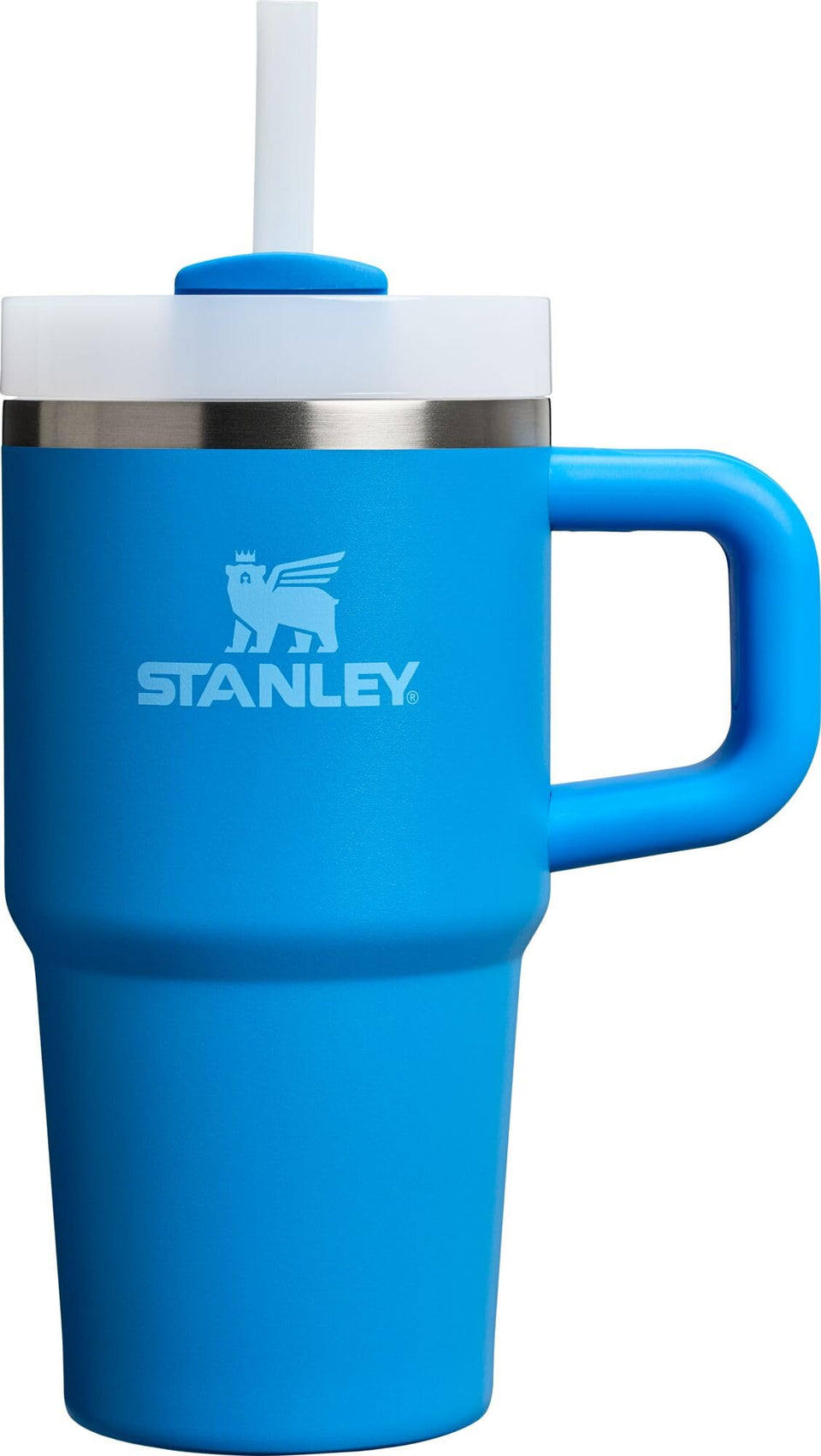 STANLEY Quencher H20 azure side view highlighting the ergonomic handle for easy transport.