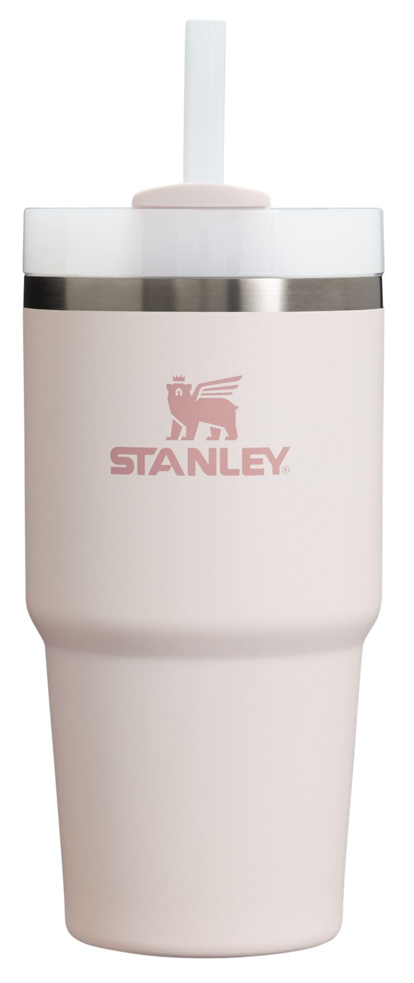 Stanley Quencher H2.0 Rose Quartz 20oz with FlowState lid in a cup holder.