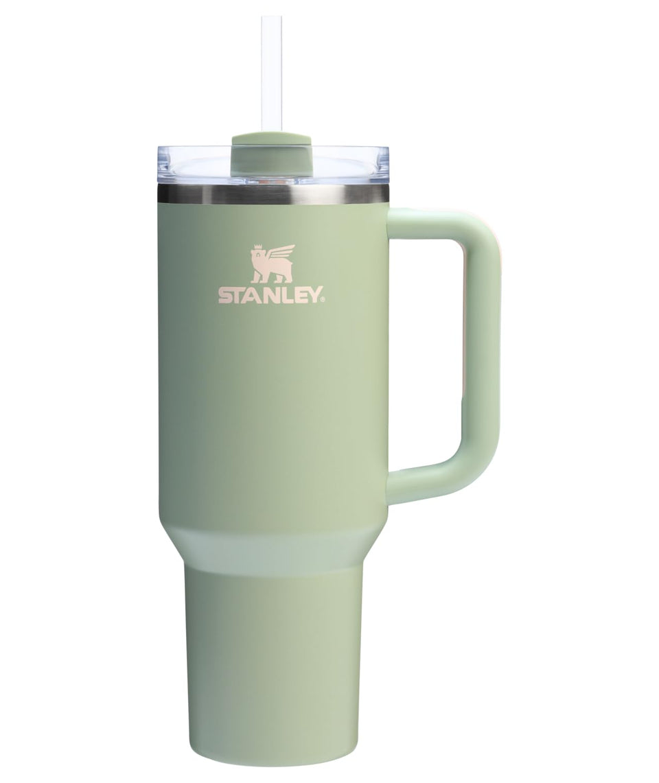 Stanley Quencher H2.0 40oz in Lichen with handle for easy transport.